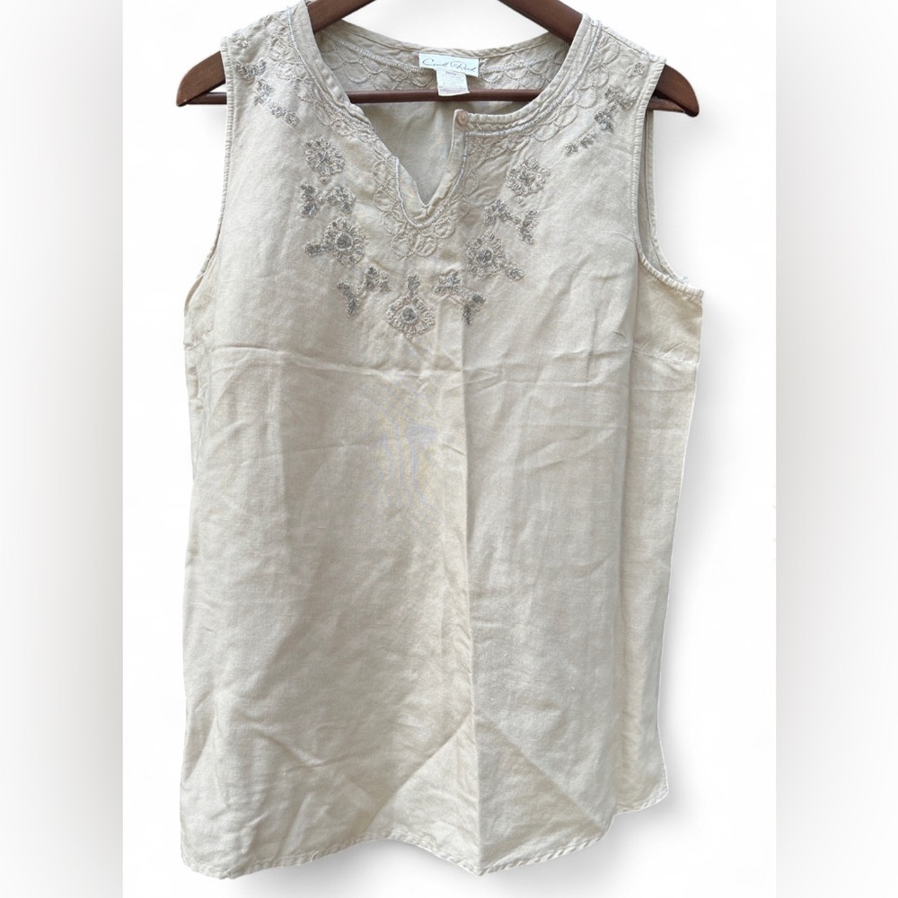 Carroll Reed Tan Beige Embellished Linen Blend Sleeveless Boho Blouse M